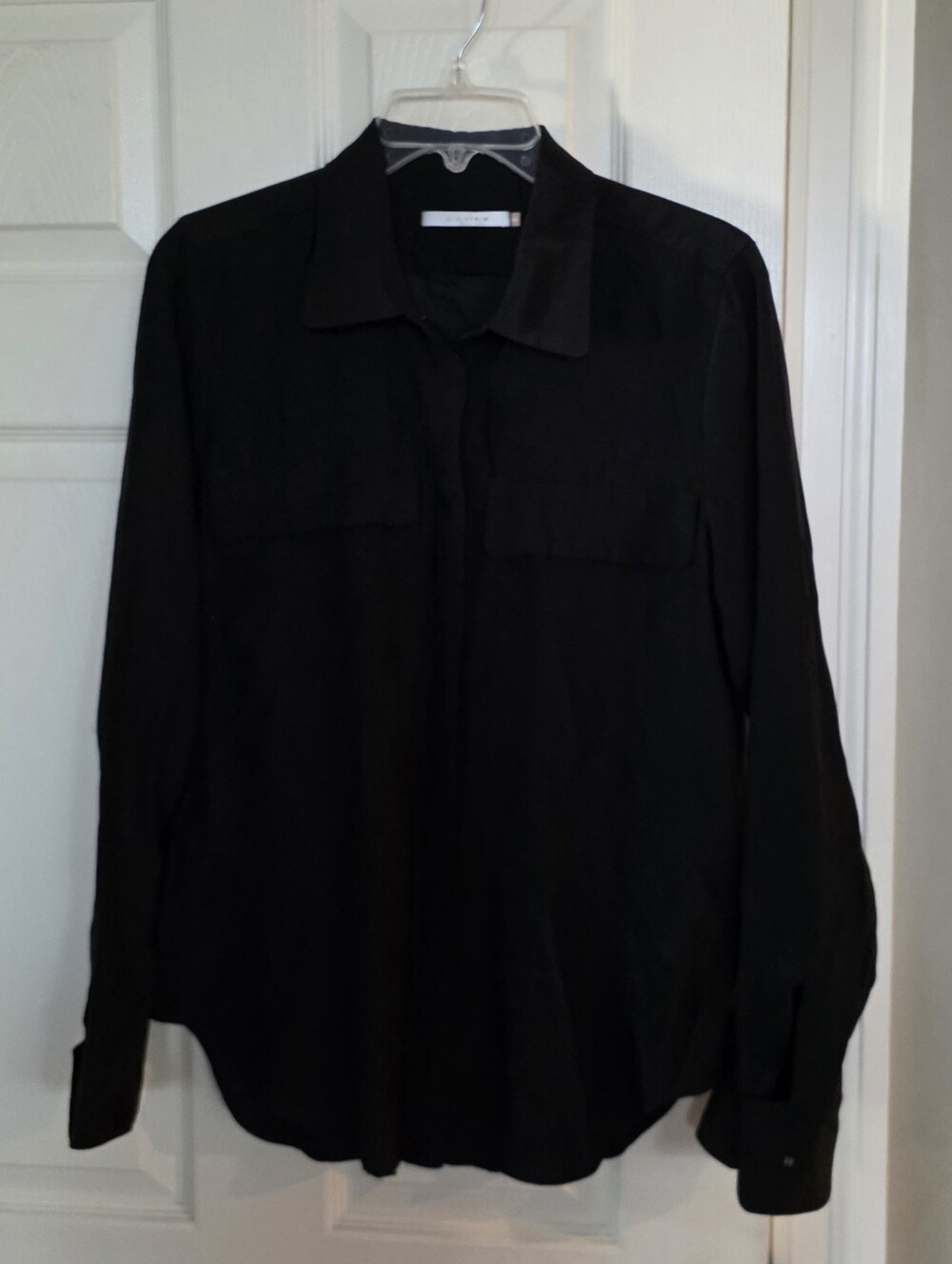 Elaine Kim Black Silk Long Sleeve Snap Front Collared Blouse Small